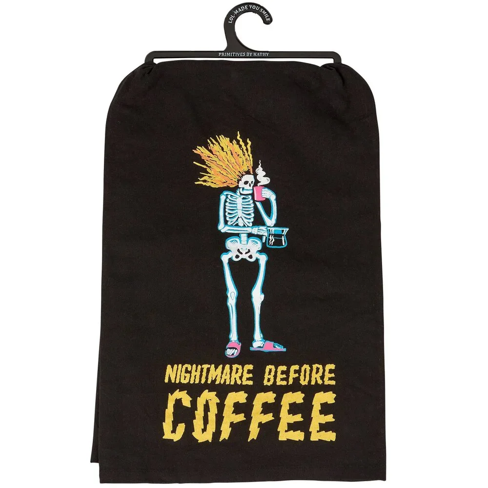 Nightmare Before Coffee Skeleton Kitchen Towel | Black Cotton Halloween Themed